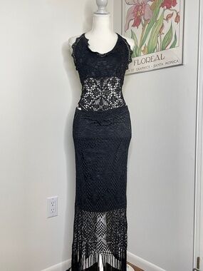 Vintage Caché Black Crochet Halter Maxi Skirt Set with Fringe Sz Medium 90s RARE